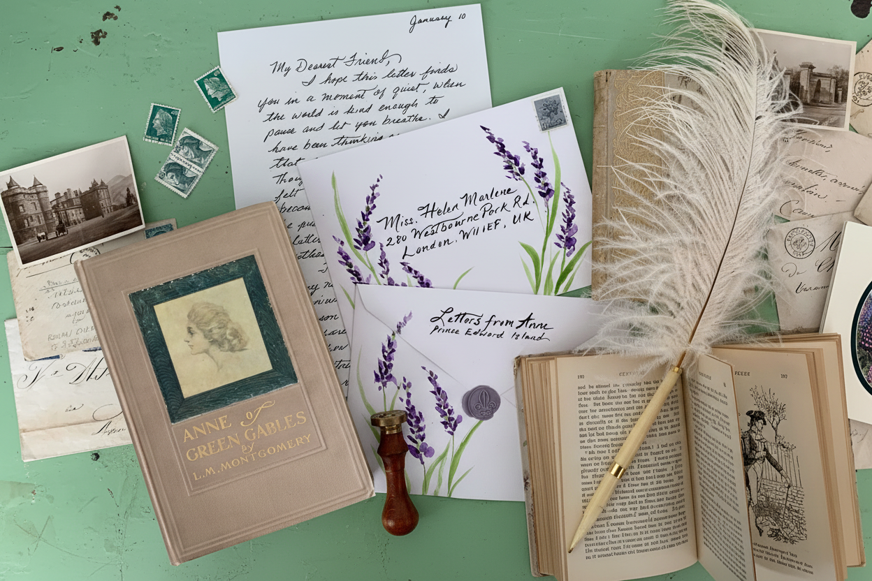 Vintage letter scene with Anne of Green Gables book